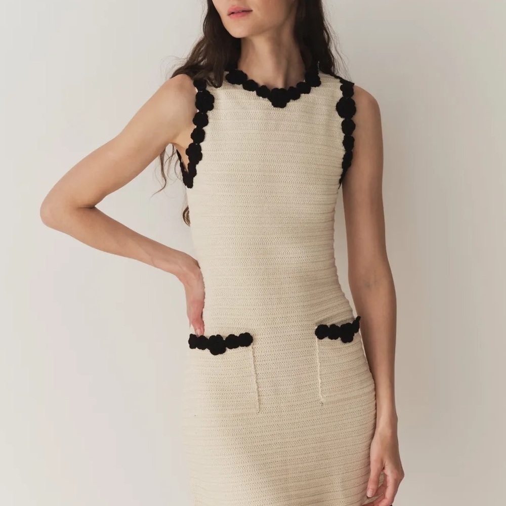 Doen Millicent Pima Cotton Knit Pocket Trim Sleeveless Mini Dress Cream Black - Picture 5 of 13